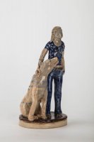 Mädchen mit Hund, -  #not me  ->br
Steinzeug, Unterglasurmalerei, 
Höhe 24cm